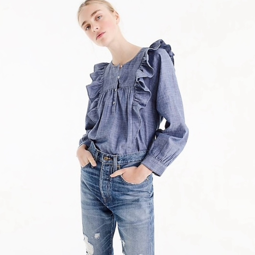 J. Crew Denim Chambray Ruffled Long Sleeve Popover Cotton Blouse Blue Size 4